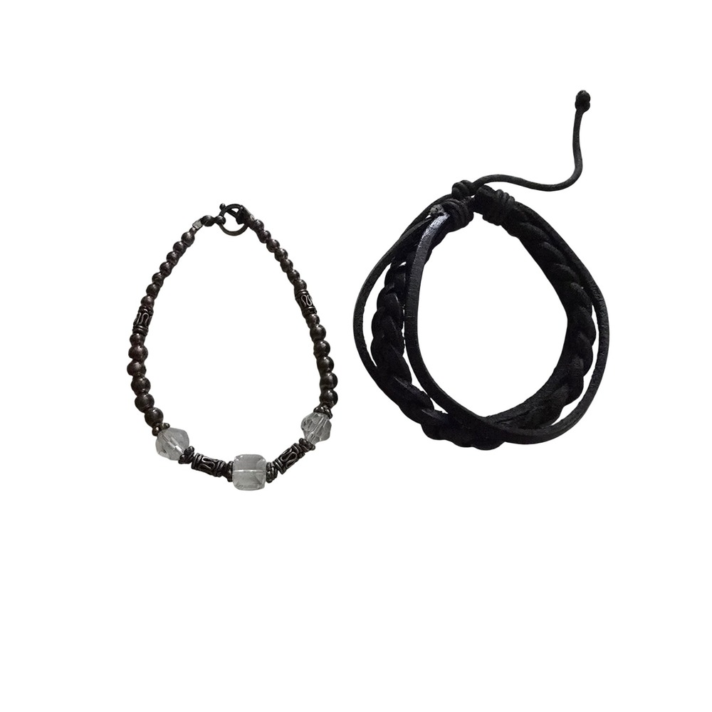 Y2K Prep Boho Bracelet Set Black Braided Leather and Silver Tone Crystal Beaded